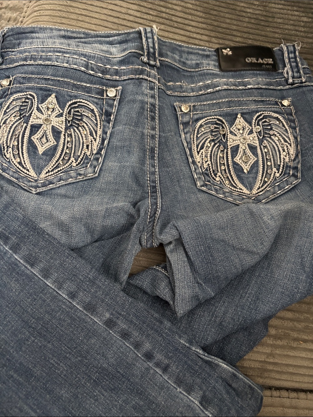 Grace in LA Blue Boot Cut Jeans with White Embroidered Back Pockets